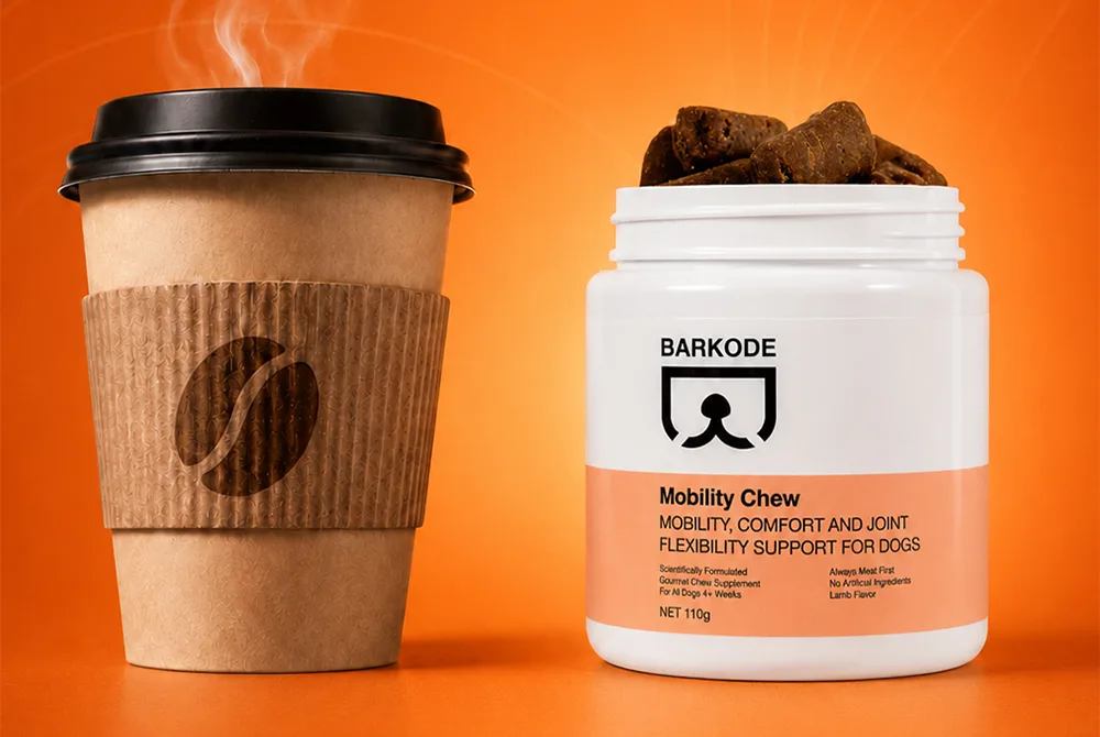 A cup of coffee next to a jar of Mobility Chew