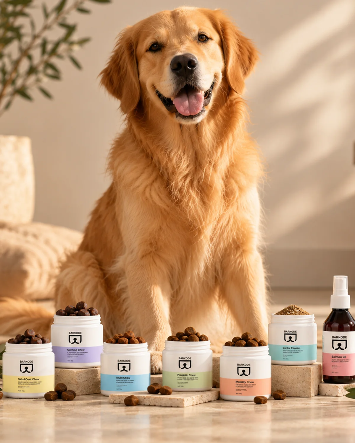 Golden retriever sitting behind the full range of Barkode jars