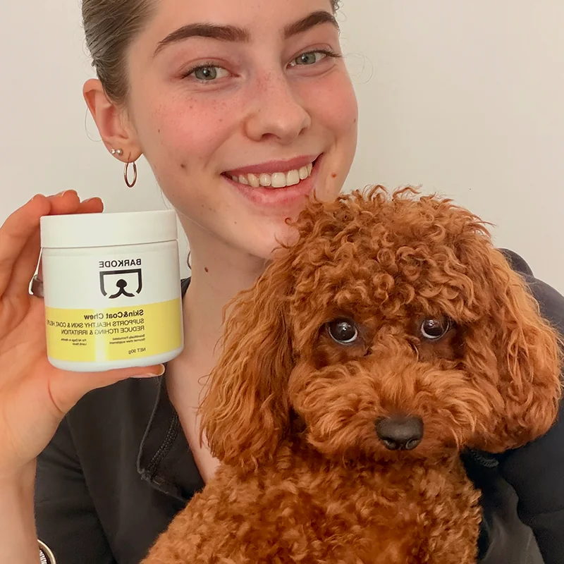 Owner holding a jar of Skin & Coat Chew next to her red toy poodle