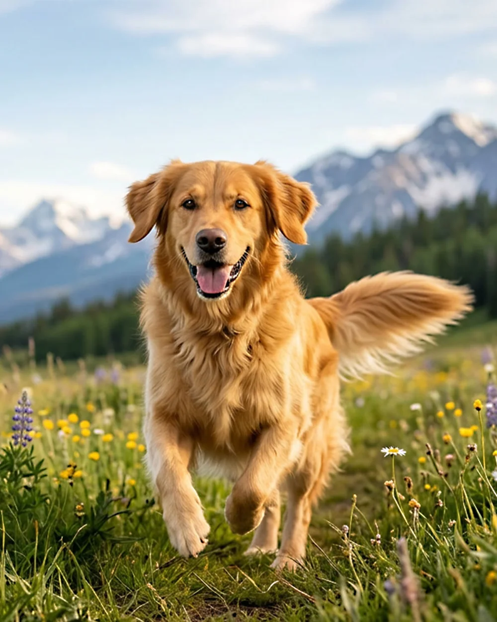 Golden retriever running happily across a mountain meadow