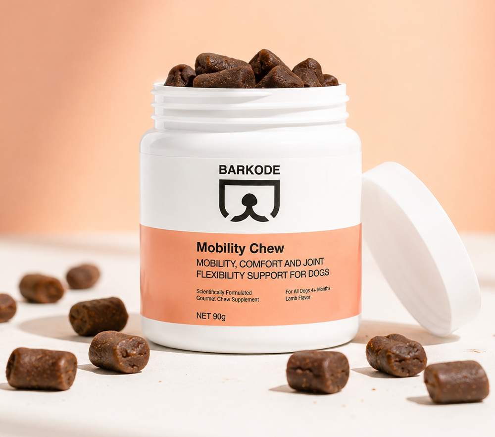 A jar of BARKODE Mobility Chew with soft chews