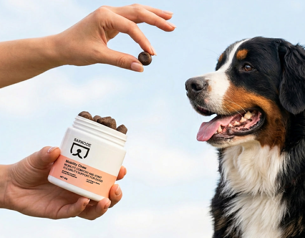 A dog taking a soft BARKODE Mobility chew from a hand
